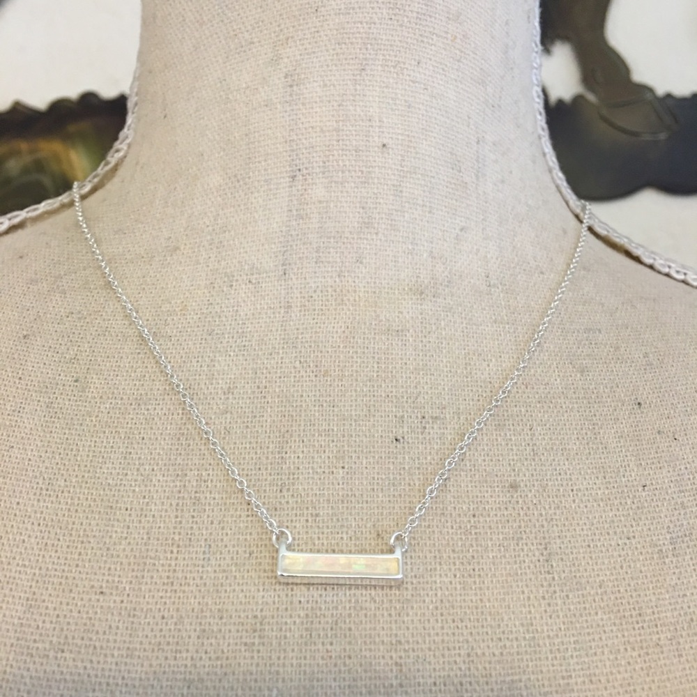 Opalescent inlaid silver tone bar necklace